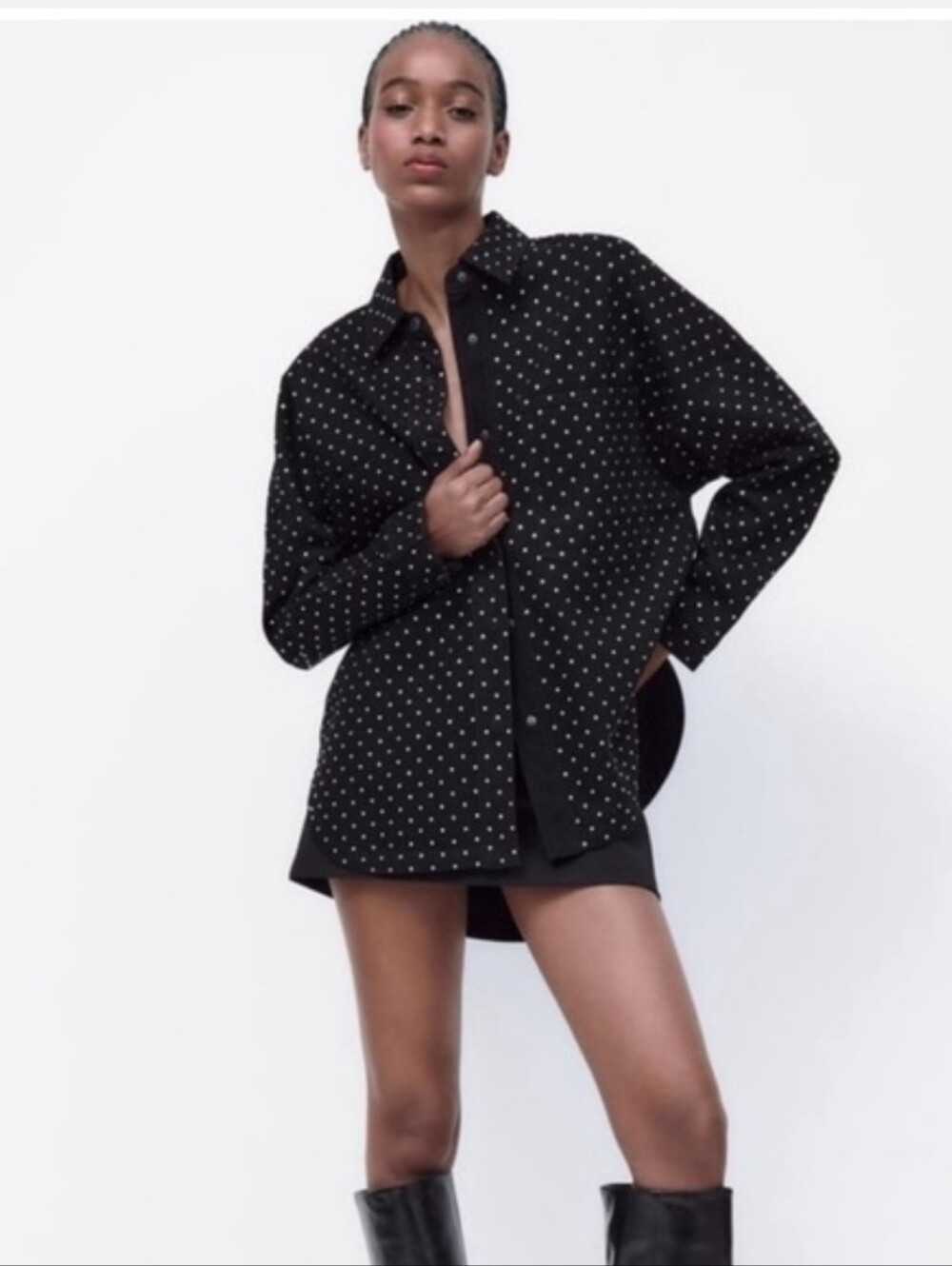 Zara black rhinestone oversized snap-up denim shirt